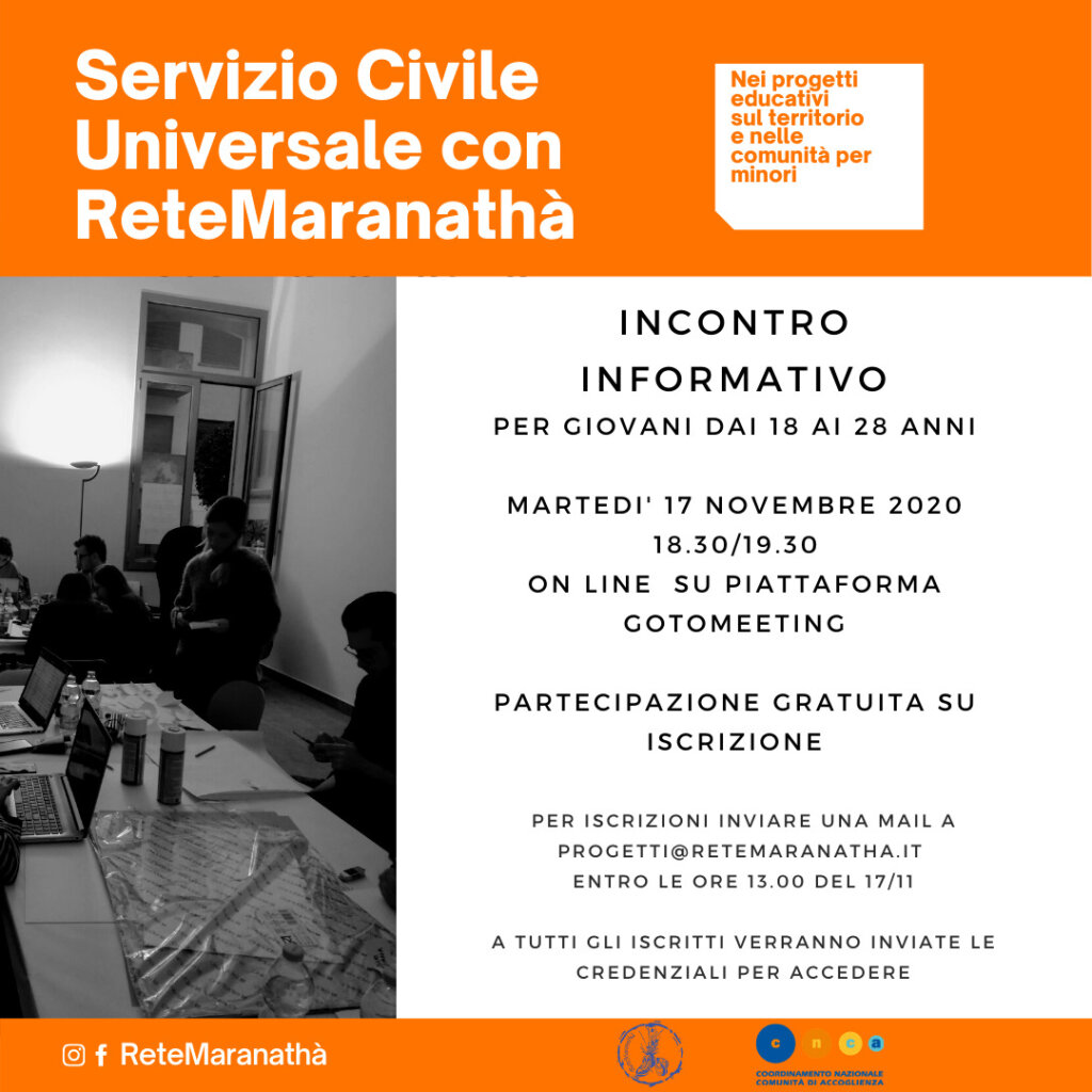 Indicazioni incontro Servizio Civile Universale. Contattare progetti@retemaranatha.it 